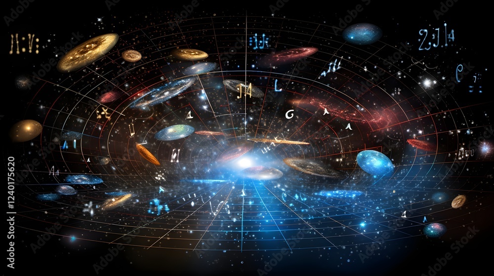 Poster floating equations and symbols of theoretical physics suspended in a cosmic ethereal backdrop of swi