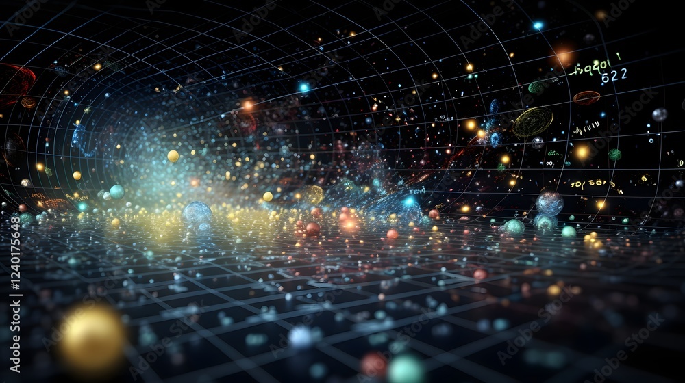 Poster floating theoretical physics equations surrounded by cosmic backdrop of galaxies nebulae and stars s
