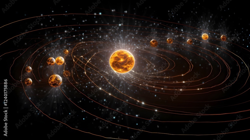 Poster detailed digital rendering showcasing the discovery of an exoplanet within a distant galaxy featurin