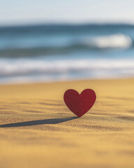 Fototapeta premium red heart shaped paper cutout rests on sandy beach, evoking love and tranquility