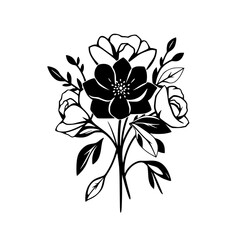 Obraz premium Elegant Monochrome Floral Bouquet: Black and White Roses and Blooms Botanical Illustration