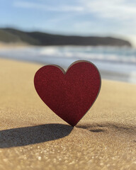 Fototapeta premium red heart shaped paper cutout is placed on sandy beach, evoking love and warmth. ocean waves gently lap in background