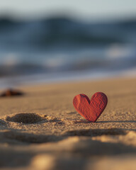 Fototapeta premium red heart shaped paper cutout is placed on sandy beach, evoking love and warmth. gentle waves create serene backdrop