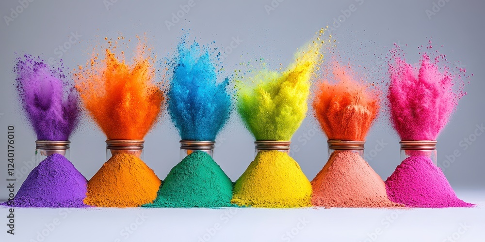 Poster vibrant multicolored powder explodes from small glass containers against a neutral gray background. 