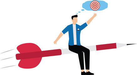 Think about goal, business achievement or target. aiming for target. strategy to get target, businessman flying on dart think towards the target