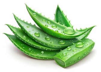 Aloe Vera Plant Double Exposure: Water Droplets & Sliced Leaf Top View on White