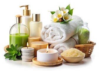 Aerial View: Spa Accessories Composition, Isolated White Background