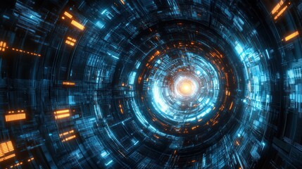 Fototapeta premium Futuristic blue and orange circular tunnel.
