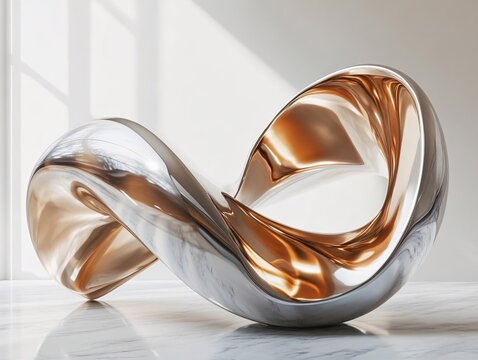 Abstract sculpture of a fluid shape with metallic silver and gold finish on marble floor