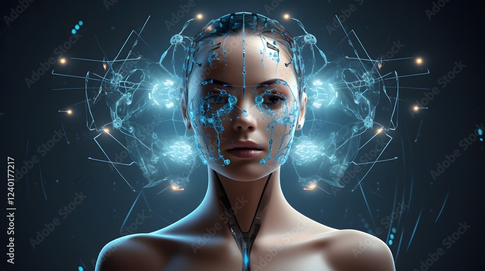 Aufkleber futuristic neural interface connecting human and machine showcasing the fusion of technology and bio
