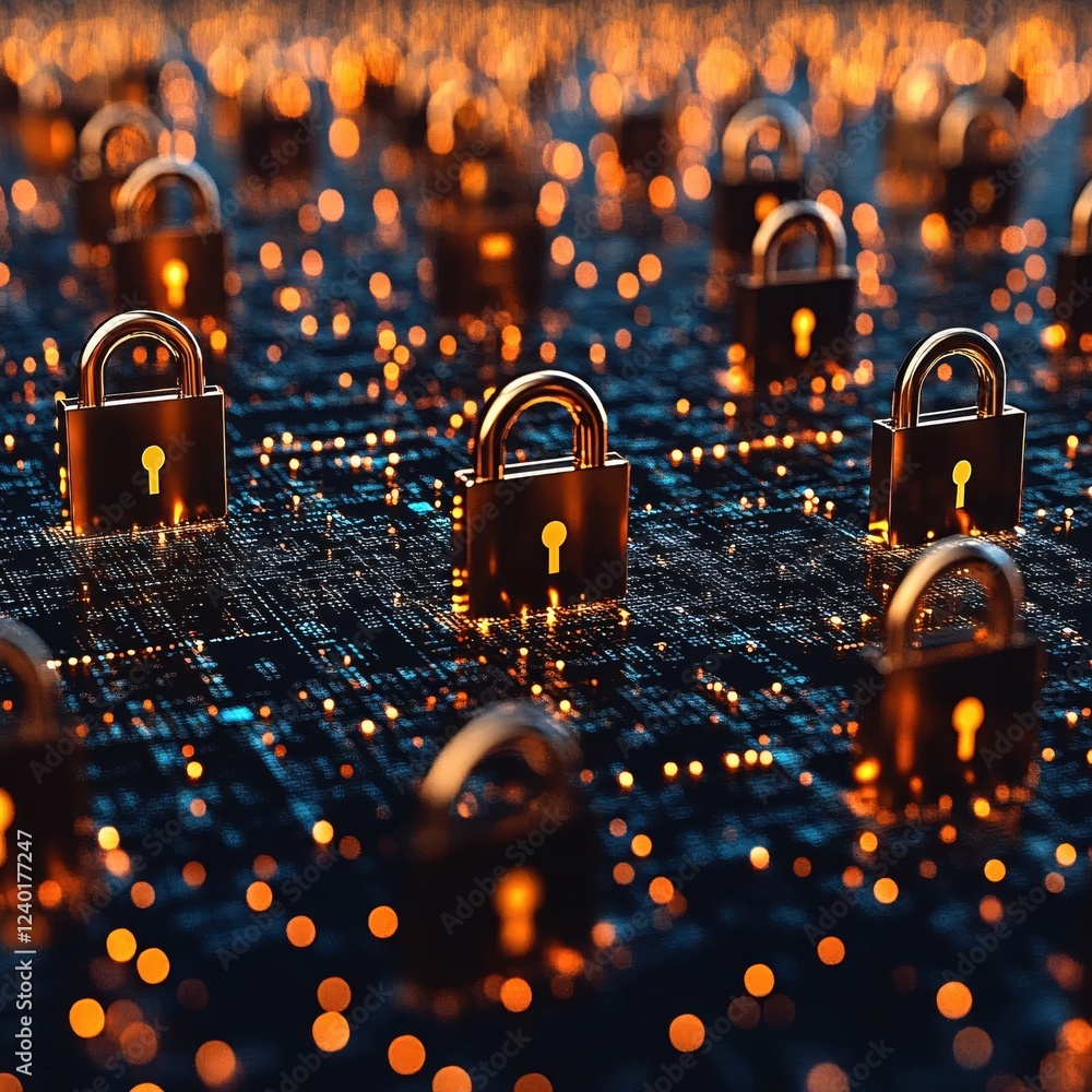 Poster security locks on digital surface with glowing lights representing data protection and access contro
