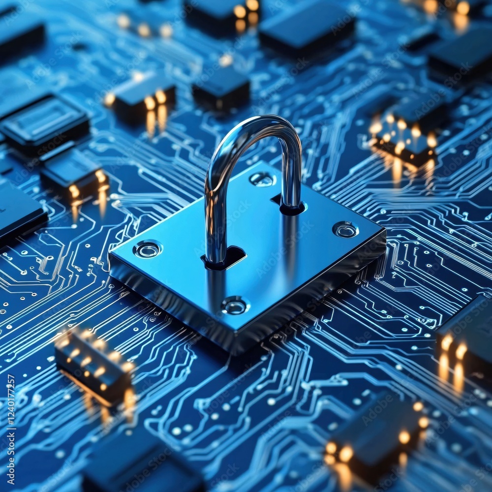 Poster secure digital network with padlock on blue circuit board for data protection and safety
