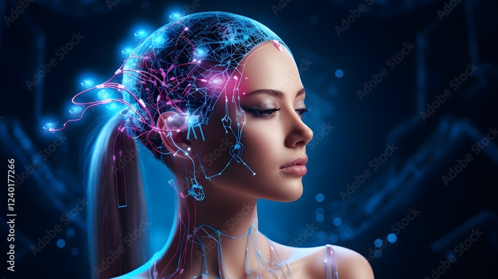 Poster futuristic neural interface connecting human and machine in a seamless digital age of innovation tec