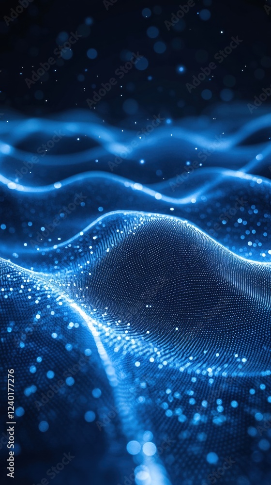 Poster abstract blue wave pattern with glowing particles on a dark background digital technology