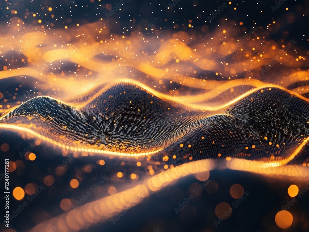 Poster glowing particles on dark flowing surface with bokeh effect creating a magical atmosphere
