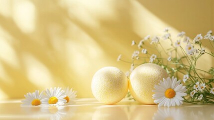 Soft Yellow Bath bombs next to daisy flowers on yellow background with sunlight, copy space for text. Concept: beauty product, advertising photo, skincare, spa and relax, aromatherapy
