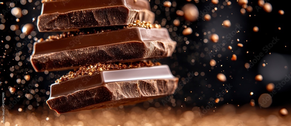 Poster close up shot of dark chocolate pieces in motion against a dark background with cocoa powder. the im