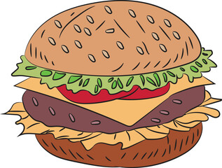 A cheeseburger with lettuce, tomato, and cheese in a sesame seed bun