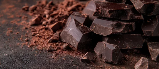 Dark chocolate pieces and cocoa powder are shown on a dark background. The close up view shows broken, textured dark chocolate chunks scattered with