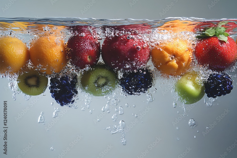 Poster fresh fruits splashing into water creating bubbles and a refreshing vibrant and dynamic scene