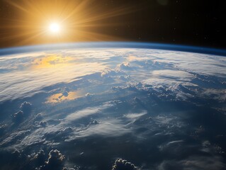Fototapeta premium A beautiful sunrise casting golden light over the Earth's horizon as seen from space, with glowing city lights and atmospheric details creating a breathtaking view.