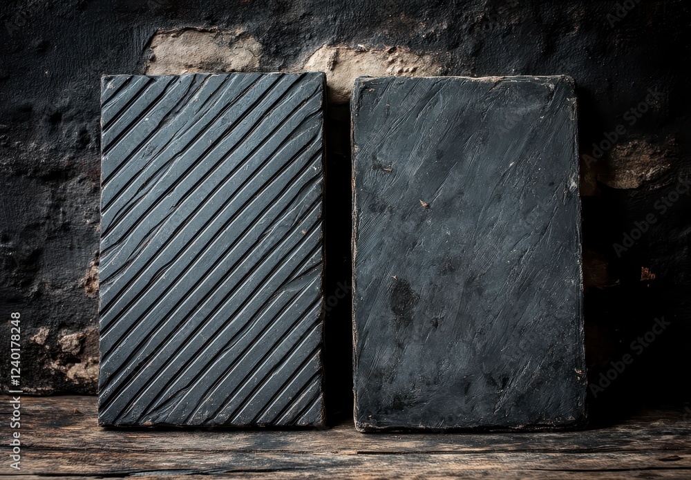 Poster two dark gray rectangular tiles with textured and smooth surfaces rest on a rustic wooden surface ag