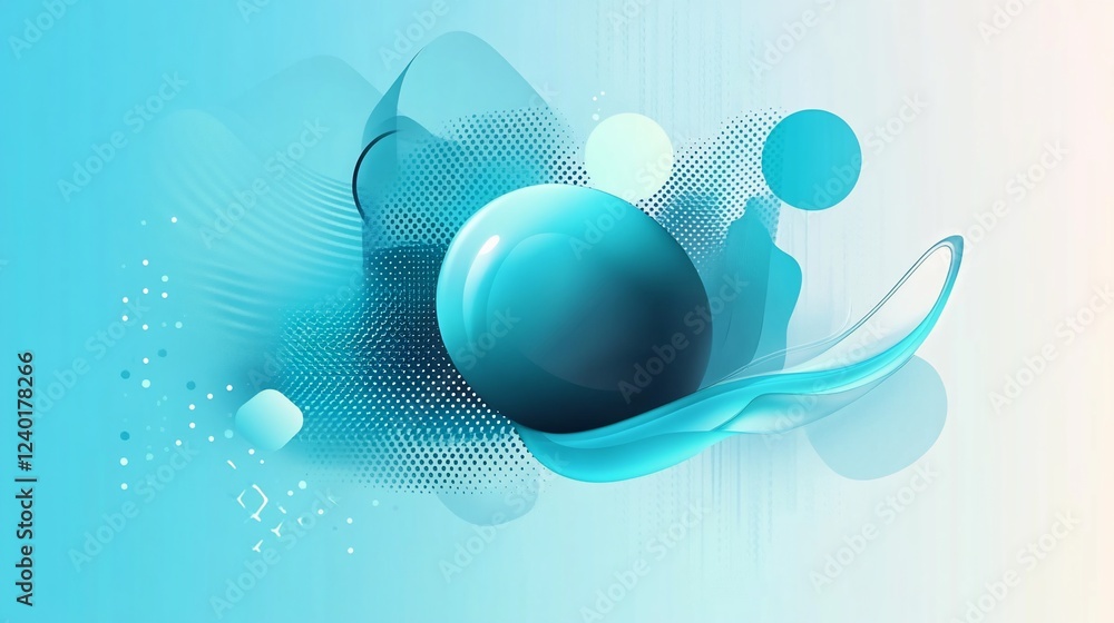 Poster abstract modern background with glossy sphere, shapes and halftone patterns in shades of light blue