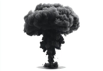 Dark grey and black smoke plume rising from a powerful explosion against a bright white background. The mushroom cloud billows upwards, creating a