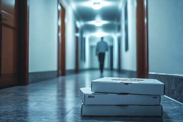Stack of pizza boxes in a hotel hallway with a blurred delivery person