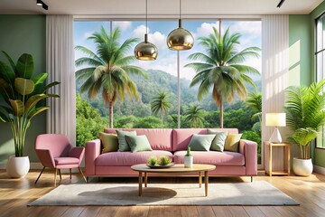 Fototapeta premium Stylish Summer Living Room: Pink Sofa, Palm Trees & Home Plants