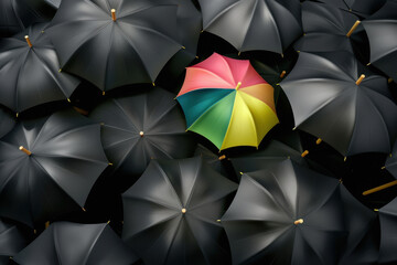rainbow umbrella with many black umbrellas around