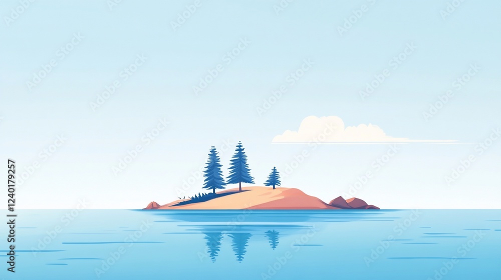 Poster Minimalistic island scene with trees and a cloud in a tranquil setting with water