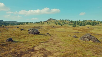 Obraz premium Serene Natural Landscape with Rolling Hills, Rocky Terrain, and Clear Blue Sky on a Sunny Day
