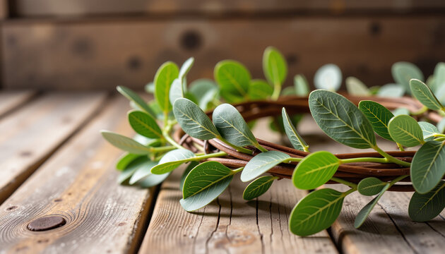 Thorny twig crown on wooden table in sunlight