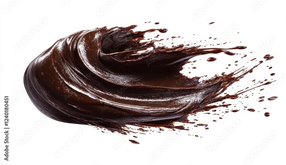 Poster dark brown liquid swirls and splashes against a white background, creating a dynamic and visually ap