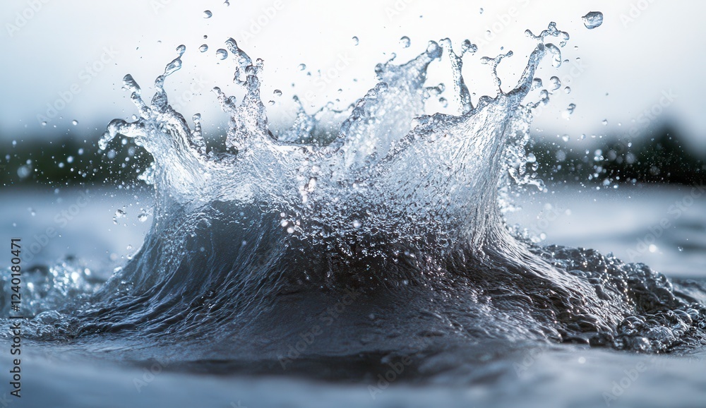 Poster close up view of a water splash, showing the intricate details of droplets and textures. the water a