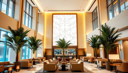 Luxury hotel lobby with elegant interior design, modern furniture, grand reception, hospitality industry, travel, and premium guest experience