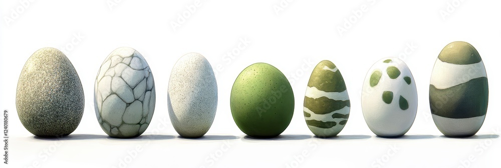 Poster eight uniquely patterned eggs are arranged in a row against a white background. the eggs feature var