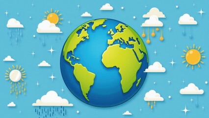Fototapeta premium Colorful Earth Illustration With Weather Icons Celebrating World Meteorology Day, Promoting Education and Environmental Awareness