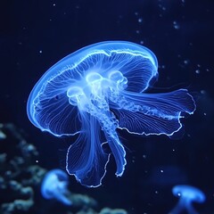 Obraz premium Luminous jellyfish floating in dark ocean water with bright bioluminescent glow and delicate tentacles