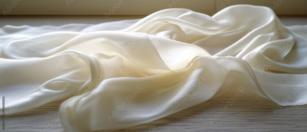 Poster soft flowing white fabric on a wooden surface creating a delicate and elegant texture