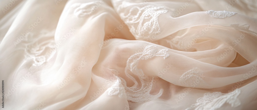 Poster soft flowing fabric with delicate embroidery in light beige creating a gentle texture