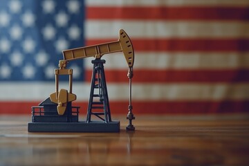 Industrial oil pumpjack set against American flag backdrop showcasing energy production in the USA
