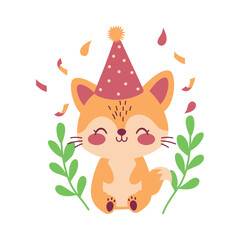Happy Cute Fox Animal Cartoon Character Wearing Cone Hat Celebrating Birthday Party with Confetti