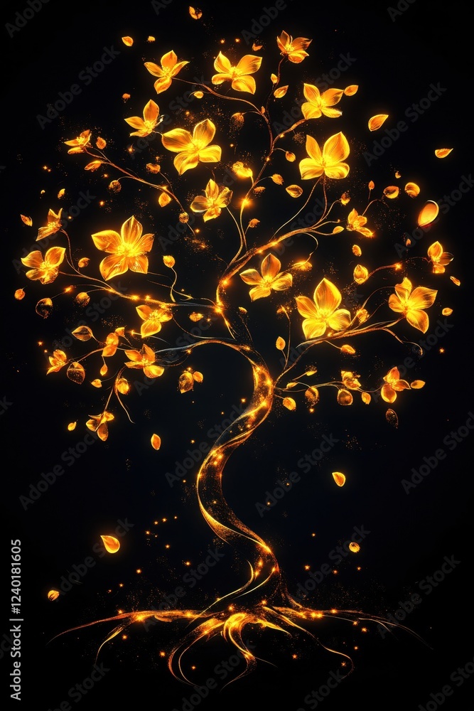 Poster glowing tree with golden leaves and sparkling particles on a dark background creating a magical scen
