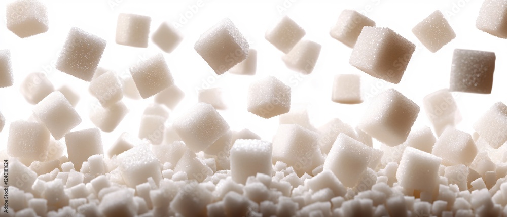 Poster white sugar cubes falling in a light background creating a sweet and abstract composition