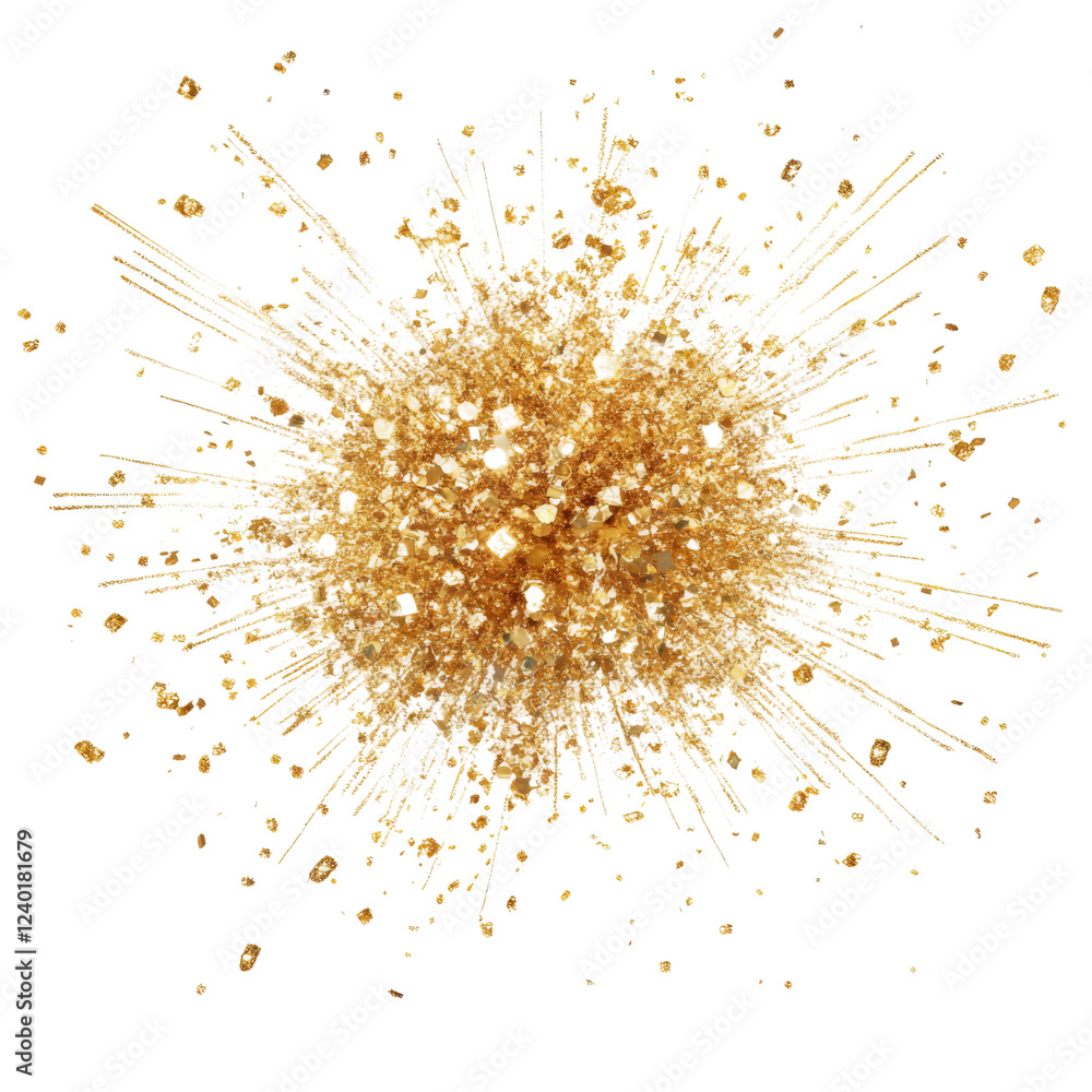 Poster golden fireworks explosion with sparkling details over a transparent background