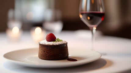 Chocolate souffle with a glass of fresh juice in a restaurant.
