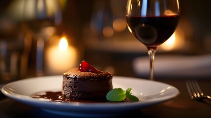 Naklejka premium Chocolate souffle with a glass of fresh juice in a restaurant.