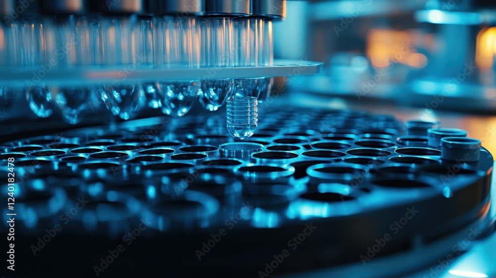 Poster automated liquid handling system with glass vials in a laboratory setting with blue light